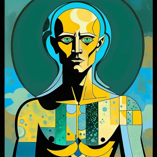 Prompt: A male human figure who personifying the Spirit of the Aethyr, in bright pale yellow, sky blue, blue emerald green and emerald flecked gold, Klee art, digital art, dramatic, graphic novel illustration,  2d shaded retro comic book