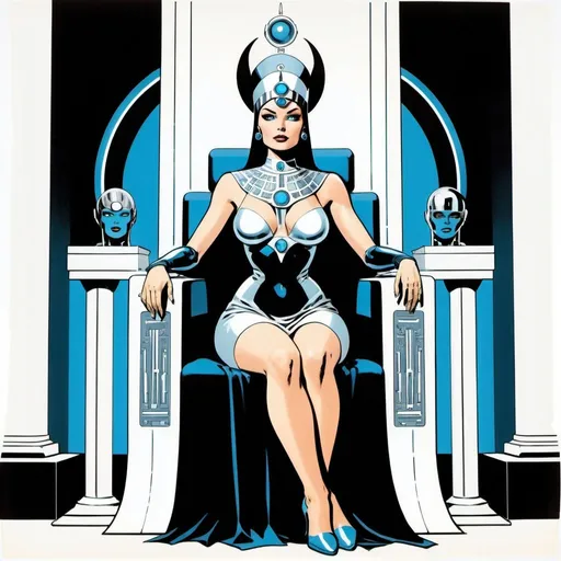 Prompt: Silk screen comic book illustration,A priestess half human and half machine dressed in silver and cold blue who is sitting on a throne between two columns, one white and one black,1960s retro futurism