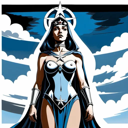 Prompt: A female human figure who personifying the Priestess of the Silver Star, in blue, silver, cold pale blue and silver rayed sky blue , digital art dramatic, graphic novel illustration,  2d shaded retro comic book