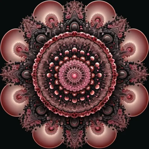 Prompt: 7+√(777×tan(7+7), mandala, centered,dark red, pink flesh and coal black, organic matter, cellular colony, fractal,hyperdetailed, masterpiece, 3d modelling, deep,abstract art, digital art