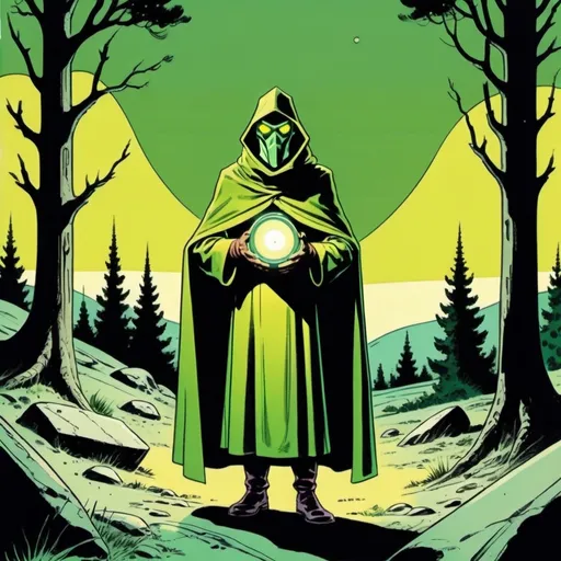 Prompt: Silk screen comic book illustration, a futuristic hermit dressed with a green yellowish cloke and cowl is standing in the wilderness bearing a light , 1960s retro futurism