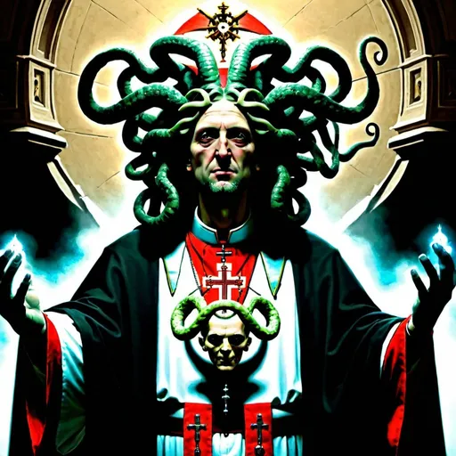 Prompt: A Gorgon, the Magus of the Eternal, the Pope