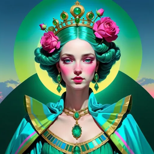 Prompt: The Empress, dressed in sky blue, emerald green, early spring green and bright rose of cerise rayed pale yellow, Illuminating intelligence, the Daughter of the Mighty Ones, Venus, Caza art, digital art