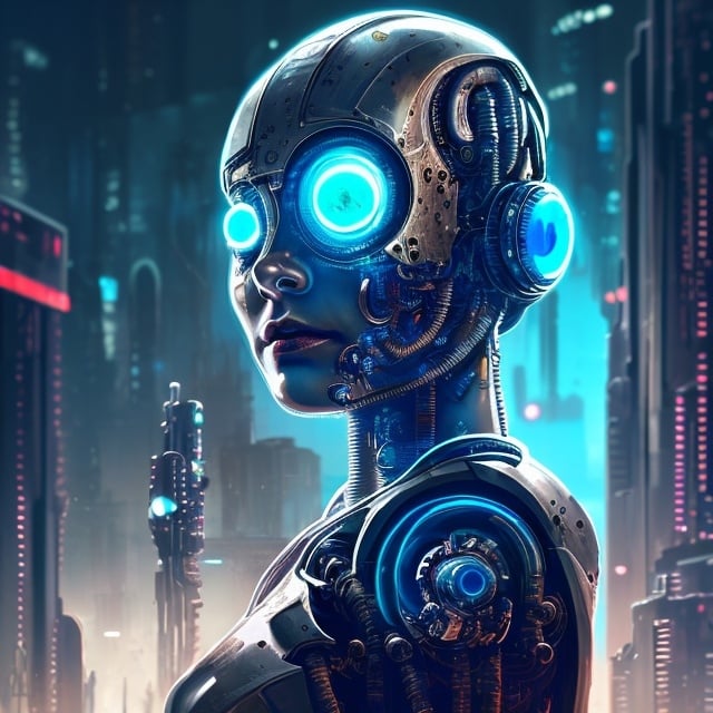 Prompt: "Cyborg girl with metallic features, glowing blue eyes, and futuristic attire, in a dystopian cityscape at night. Add a sense of mystery and intrigue with a dark color palette, neon lights, and cyberpunk elements. Emphasize the contrast between technology and humanity, blending organic and mechanical elements seamlessly. Capture the essence of a cybernetic world with detailed textures, intricate circuitry, and reflections on the metallic surfaces. Aim for a high-quality and visually captivating illustration that showcases the futuristic cyborg concept."