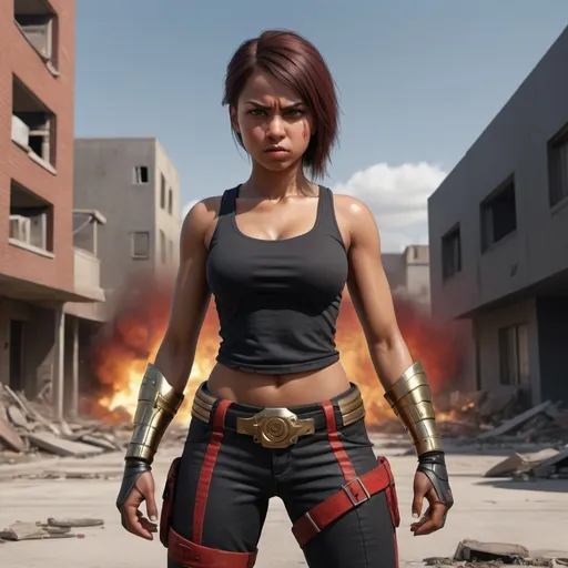 Prompt:  a young lady,displaying her own power. ((conflict, aggressive,destructive,fighter)),((black, red, golden brass)),(( Full figure wiew)). ((Three quarter wiew)),((deep wiew)),modern suburbs scenario background,photographic,ultra high resolution,hyperdetailed, masterpiece, 3d modelling, digital art.