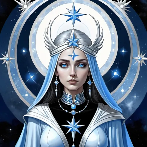 Prompt: the High Priestess, dressed in silver, blue, cold pale blue and silver rayed sky blue, uniting intelligence, the Priestess of the Silver Star, Luna, the High Priestess, Caza art, digital art