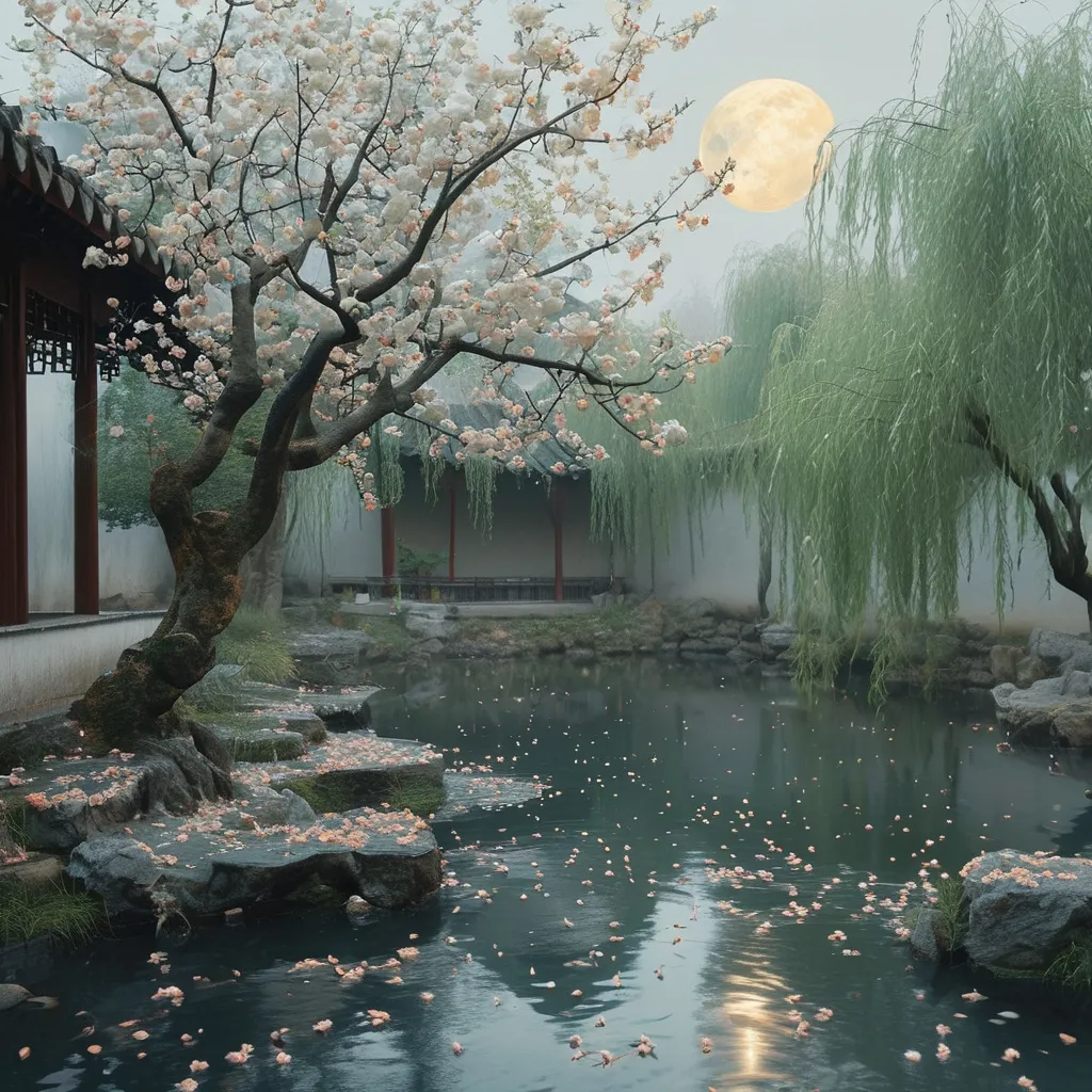 Prompt: In the pear blossom-filled courtyard, the moon slowly dissolves and fades.
By the pond, the delicate willow catkins drift gently in the soft breeze.