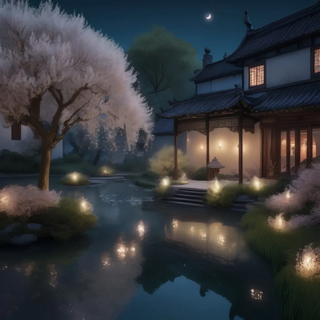 Prompt: In the pear blossom-filled courtyard, the moon slowly dissolves and fades.
By the pond, the delicate willow catkins drift gently in the soft breeze.