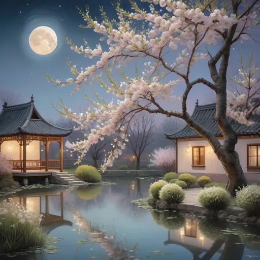 Prompt: Pear blossom courtyard, the moon slowly dissolves,
Willow catkins by the pond, the wind gently blows.