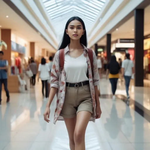 Prompt: Tall young Indonesian artist woman walking in mall in fashionable clothes, realistic, natural lighting