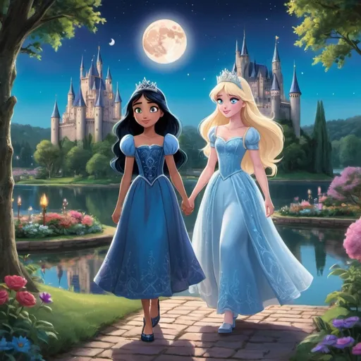 Prompt: Two princesses, one blonde with blue eyes (Nina) and the other with black hair and long eyes (Luna), walk together in an enchanted garden with a lake in the background. The castle in the background is majestic, with tall towers and a bright moon in the sky.