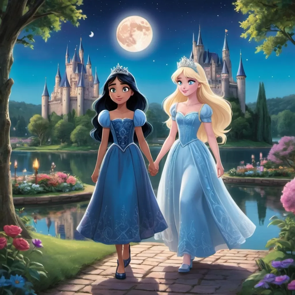 Prompt: Two princesses, one blonde with blue eyes (Nina) and the other with black hair and long eyes (Luna), walk together in an enchanted garden with a lake in the background. The castle in the background is majestic, with tall towers and a bright moon in the sky.