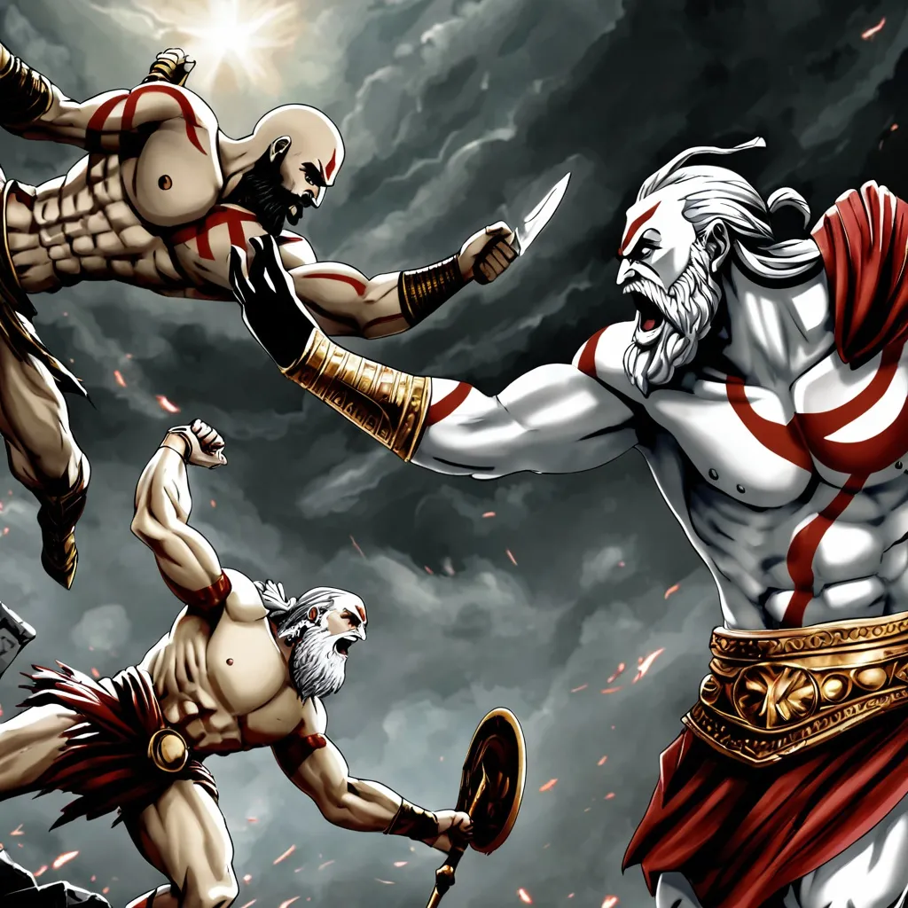 Prompt: Kratos killing Zeus and other gods