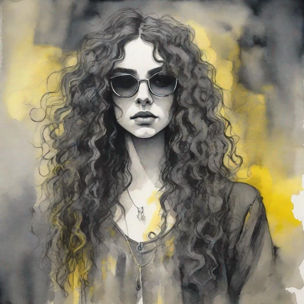 Prompt: gothic young woman with curly dark long hair  in shades of gray and yellow, ink and wash  on paper,