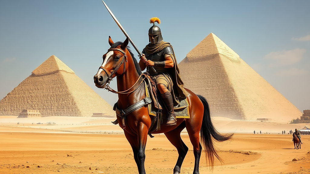 Prompt: صوره في الاهرام 
علي حصان و حامل سيف و عتاد حرب كامل 