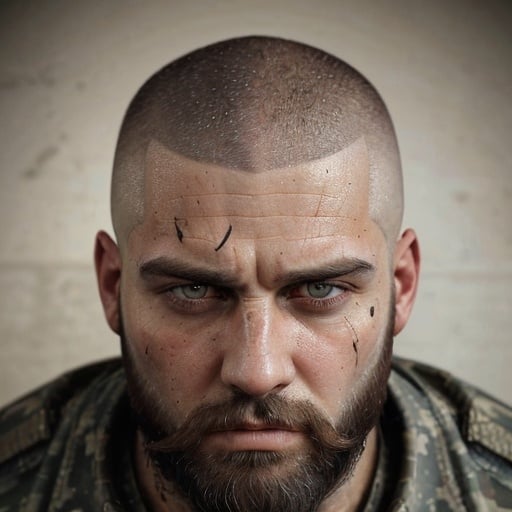 Prompt: bearded man with an army haircut, sides of the head shaved bald, realistic, rugged facial features, intense gaze, detailed beard, high definition, realistic,  rugged style, warm tones, dramatic lighting