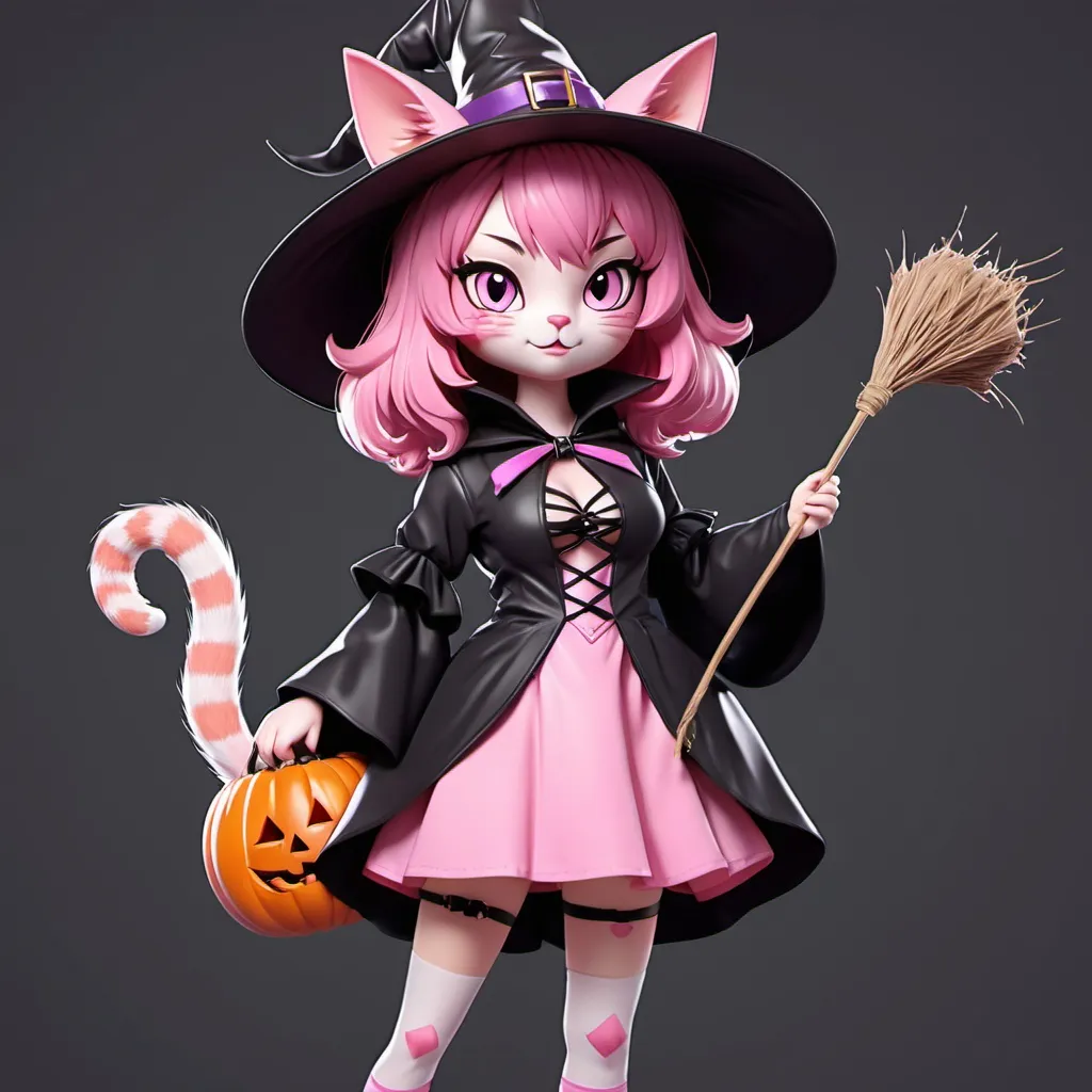 Prompt: Pink Delivery Cat Girl in A Halloween Witch Outfit