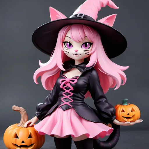 Prompt: Pink Delivery Cat Girl in A Halloween Witch Outfit