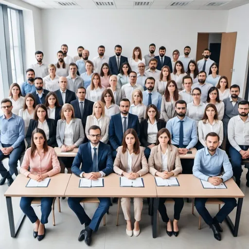 Prompt: A scene with 120 employees of HR Department.  Standing or sitting divided by generation
