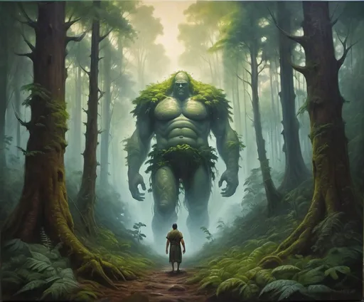 Prompt: Enormous human giant person roaming through a lush  forest, oil painting, toweri, misty atmosphere, colossal presence, high-quality, mystical lighting