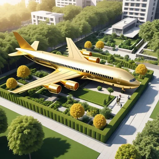 Prompt: Photo realistic architecture building with aeroplane. Green tree garden area and building is centre of the garden. Building and aeroplane golden colour