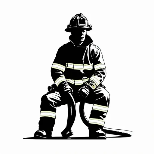 Prompt: silhouette of a sitting fireman with a fire hose

vector logo style line art high contrast black and white no background texture white background