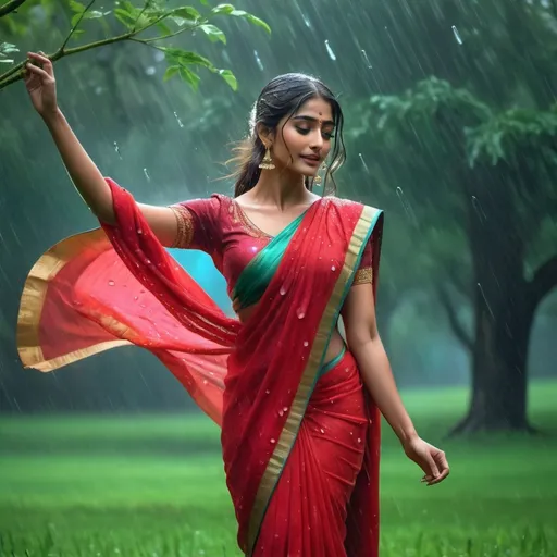 Prompt: Pooja Hegde dancing in rain wearing (red sari),  vibrant colors, dancing erotically on lush green grass, cleavage highlighting sari, (tall chir trees) in background, colorful post rain clouds, mesmerizing atmosphere, (cinematic lighting), raindrops enhancing the mood, artistic marvel, face flowing with expressions of love and passion, detailed facial features and expressions, high-quality, ultra-detailed, 4K, dramatic color depth, scenamatographic lighting effect, vivid and vibrant hues.