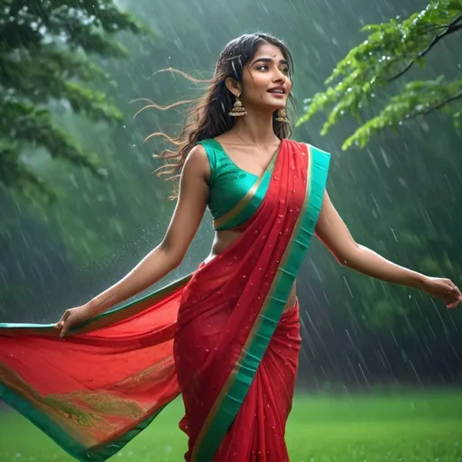 Prompt: Pooja Hegde dancing in rain wearing (red sari),  vibrant colors, dancing erotically on lush green grass, cleavage highlighting sari, (tall chir trees) in background, colorful post rain clouds, mesmerizing atmosphere, (cinematic lighting), raindrops enhancing the mood, artistic marvel, face flowing with expressions of love and passion, detailed facial features and expressions, high-quality, ultra-detailed, 4K, dramatic color depth, scenamatographic lighting effect, vivid and vibrant hues.