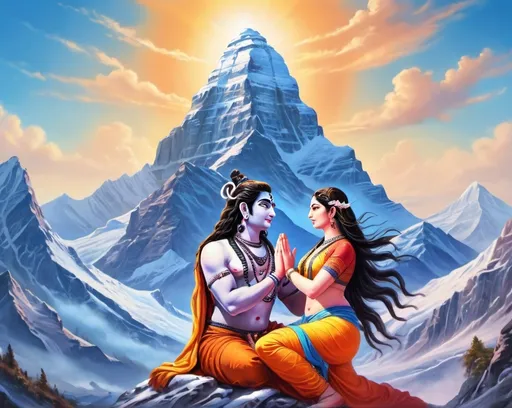 Prompt: God Shiva and Parvati doing romance on Mount Kailash, vibrant colors, blue sky, morning sun rays shining on the faces of Shiva and Parvati, magical, mesmerizing scene, natural human look, ultra-detailed, highly realistic, serene and divine atmosphere, Hindu mythology themes, surrounded by lush greenery and snowy peaks, intricate details on traditional attire, holy ambiance, high definition, 80000k resolution, fantasy art style, enchanting and ethereal mood.