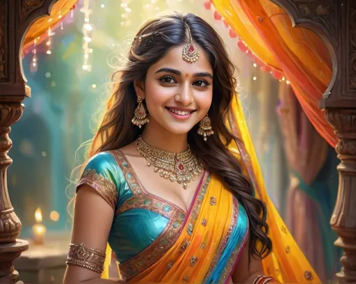 Prompt: A beautiful girl wearing lehanga with deep cleavage, bright smiling, fairy, realistic painting, vivid colors, ethereal lighting, enchanted atmosphere, detailed facial features, intricate lehanga patterns, vibrant sari drapery, magical surroundings with sparkling effects, ultra-detailed, 8000k HD quality, masterpiece