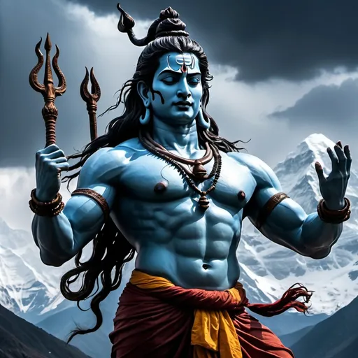 Prompt: (Lord Shiva doing Tandav dance), intense, human face, snow-covered mountains in the background, thunder, grey clouds, dangerous destructive atmosphere, dreamlike, vibrant high-contrast colors, dark tones, dramatic lighting, swirling mist, flowing robes, glowing eyes, ultra-detailed, 4K, HD, ethereal energy, chaotic and powerful, celestial embellishments, mystical, divinely furious, cinematic masterpiece.