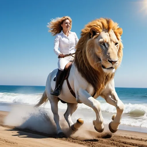 Prompt: A lion riding on a white horse on a horse riding track. Sunny weather, blue sky, in background a sea with water waves flowing. Vibrant colours , photo realistic, 800000k 