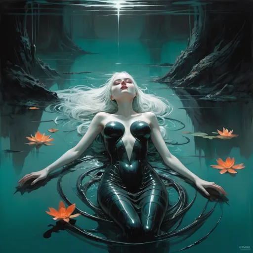 Prompt: gothic woman floating on her back in a dark lake teaming with serpants, harpers bazaar, orange and teal colors, Art by Jock, pino daeni , art by lois van baarle and loish and ross tran , Charles Vess, Chiho Aoshima , Kay Nielsen, dark ambient, chiaroscuro, Simon Bisley, and H.R. Giger. insist artstation, art by stanley artgerm, painting by daniel f gerhartz, art by Andrew Atroshenko,