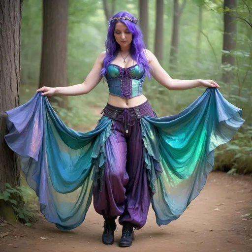 Prompt: fairy Renaissance fair outfit, gauzy and iridescent fabric, iridescent billowing layered gypsy harem pants and cinched corset, shiny translucent iridescent purple green and blue
