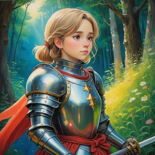 Prompt: female storybook knight, dreamy, studio ghibli, masterpiece painting, vivid colors, detailed
