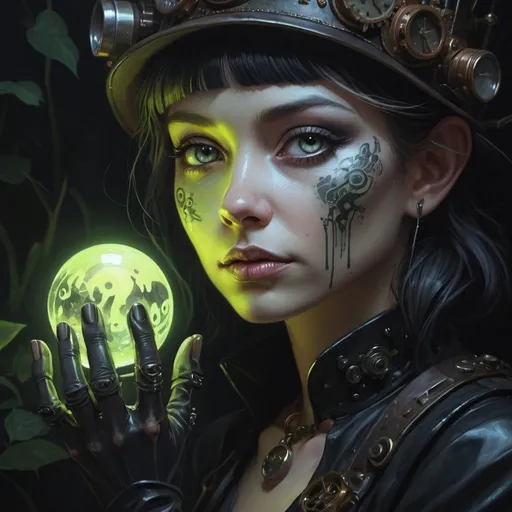 Prompt: closeup illustration of a pitch darkness portrait ,  fluorescent handprint on model's face,  steampunk garden gnome, grunge, atey ghailan, Art by Jock,  pino daeni , art by lois van baarle and loish and ross tran , Charles Vess, Chiho Aoshima , Kay Nielsen, dark ambient, chiaroscuro, Simon Bisley, and H.R. Giger. insist artstation, art by stanley artgerm, painting by daniel f gerhartz,  art by Andrew Atroshenko,