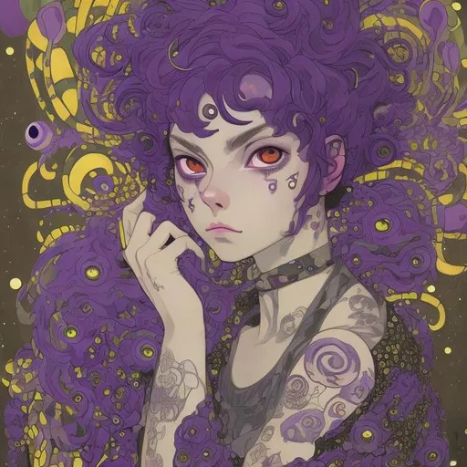 Prompt: fierce adult punk woman with purple eyes and wild purple hair, style of studio ghibli, gustav klimt, pixar, high quality, realistic