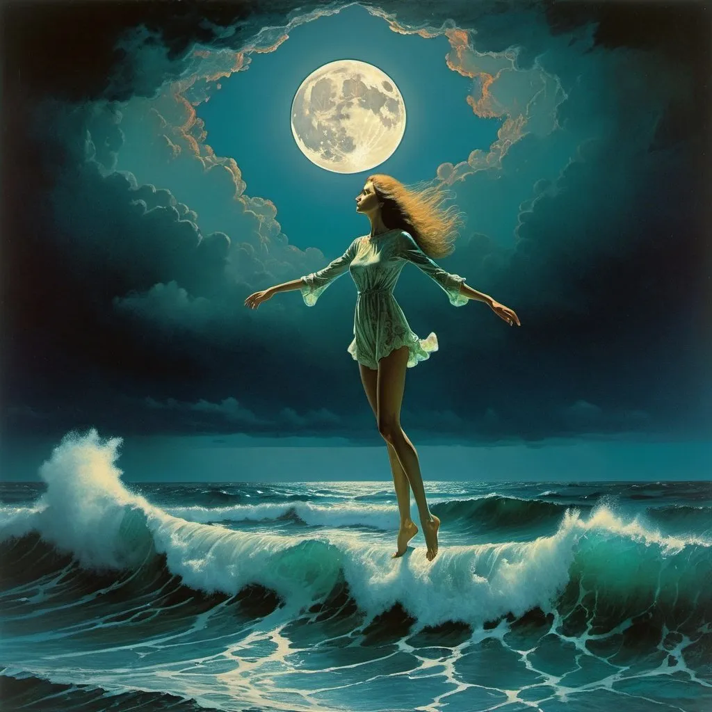 Prompt: 70s psychedelic collage, woman with long legs floating over a stormy ocean, moon light, ethereal, alien beauty, Michael Whelan, Beksinski, 