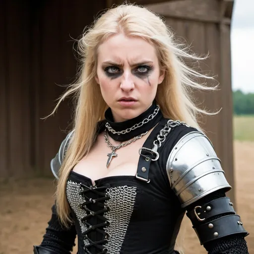 Prompt: woman in modern knightcore outfit, renaissance outfit, ranger, punk, action post, fighting, fierce expression, black eye makeup, chain mail, corset, long blonde hair, joan of arc, beautiful 