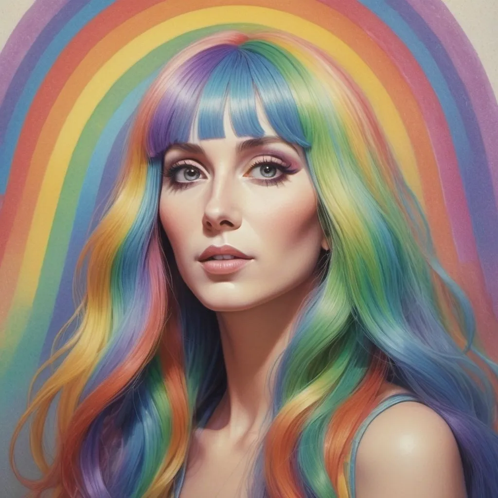 Prompt: Gouache paint painting of a rainbow hair 70s Cher, pastel color, dreamy, surrealism, abstract painted background with gouache paint strokes, intricate details, 3D rendering, octane rendering . Nicoletta Ceccoli style, Virgil Finlay, Tsubaki Nekoi, Vasanti Unka, Hiroshi Masumura, Chiho Saito,
