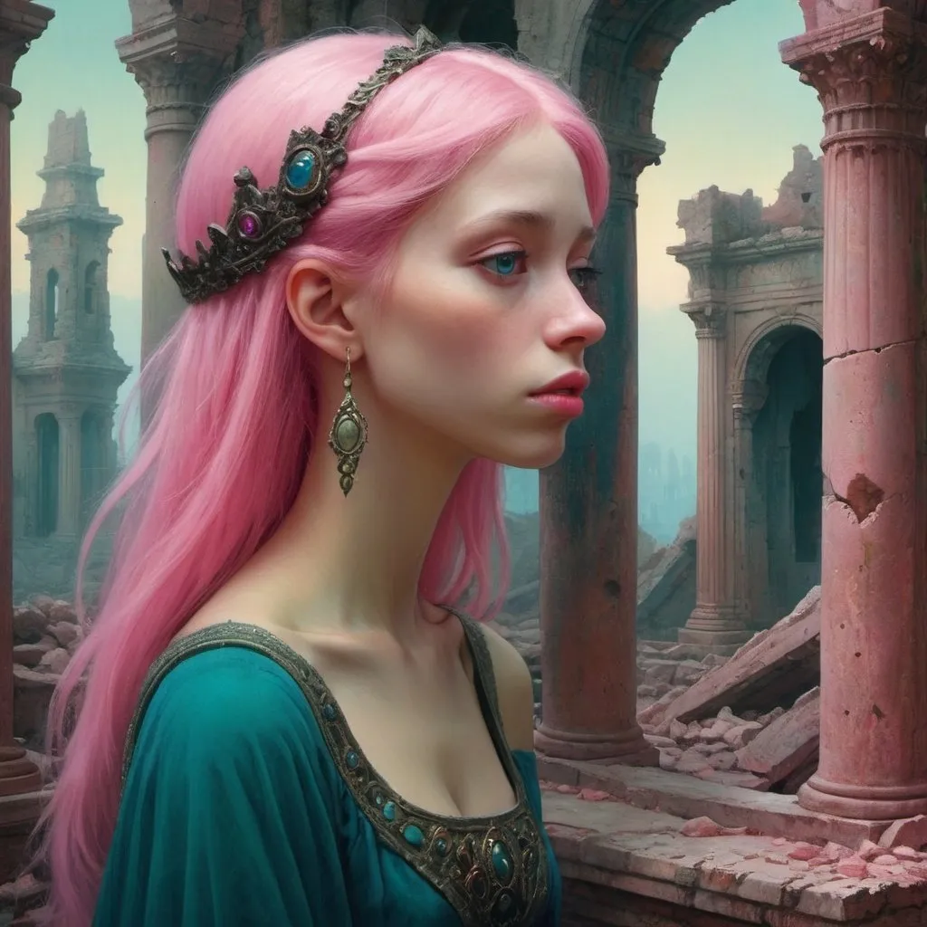 Prompt: close up of lonely princess with pink hair among palatial ruins, dreamy, dark fantasy, animated style, mysterious, masterpiece painting, jewel colors, detailed, Beksinski