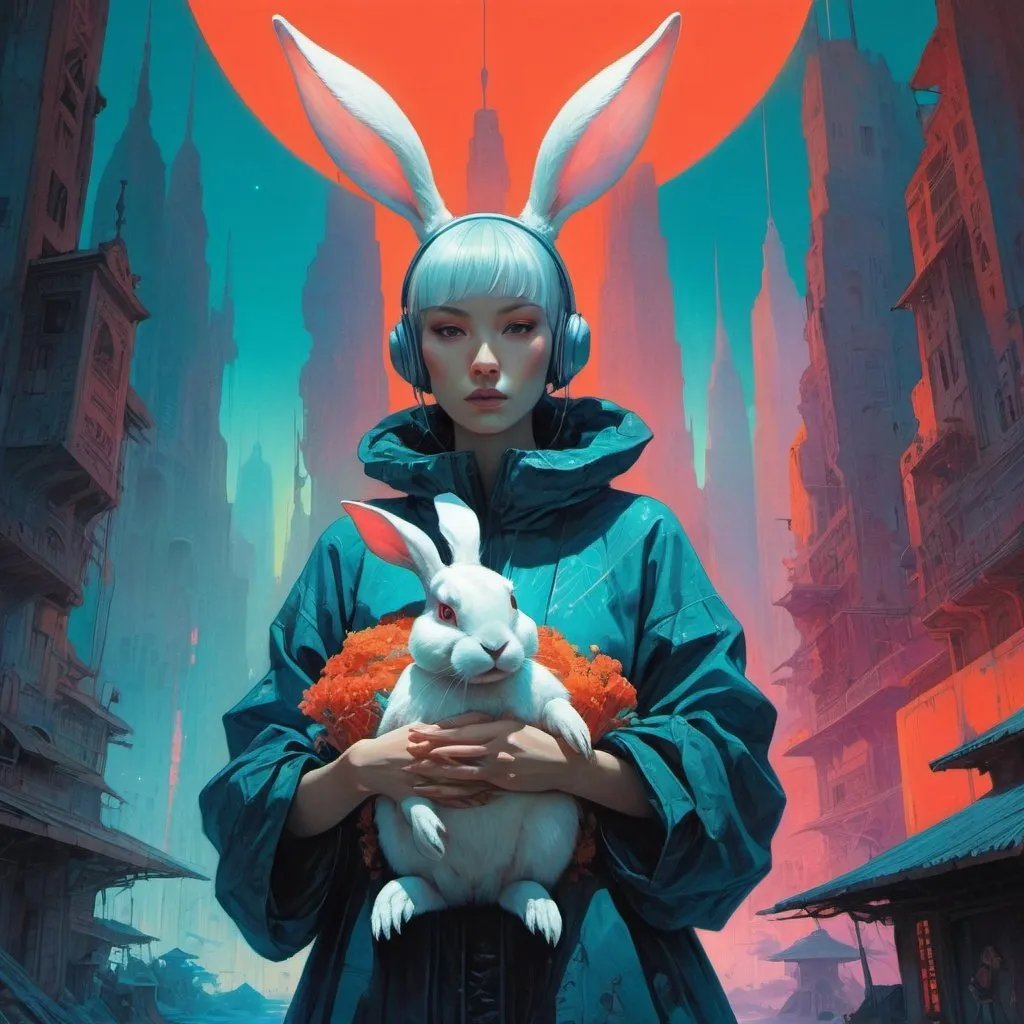 Prompt: woman holding large rabbit, retrofuturistic clothing, cyberpunk, bright neon colors, An incredibly ethereal world in style of Beksinski, harpers bazaar
atey ghailan, Art by Jock,  pino daeni , art by lois van baarle and loish and ross tran , Charles Vess, Chiho Aoshima , Kay Nielsen, 