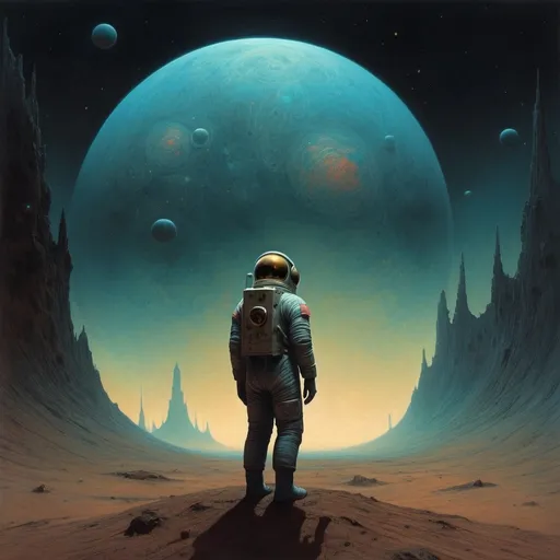 Prompt: deep space lonely astronaut the world of of Beksinski, aether magazine