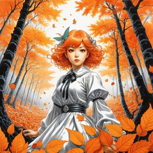 Prompt: Virgil Finlay, Tsubaki Nekoi, Vasanti Unka, Hiroshi Masumura, Chiho Saito, Surrealism, wonder, strange, bizarre, fantasy, Sci-fi, Japanese anime, dystopian forest fairy, orange hair, detailed masterpiece low high angles perspectives, autumn leaves coloring, lolita fashion