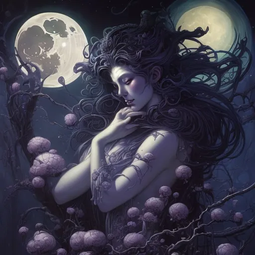 Prompt: painting of moon goddess, high quality, in the style Gerald Brom, moonlit flowers, highres, fantasy, ethereal lighting, detailed nature, enchanting atmosphere, glowing flora, dreamlike, surreal, whimsical, mystical setting, fairytale, vibrant colors, soft moonlight, illustration