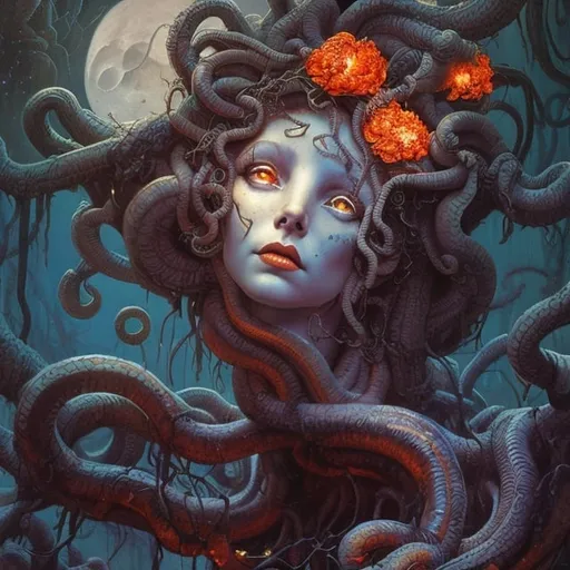 Prompt: painting of medusa, in the style Gerald Brom, moonlit flowers, highres, fantasy, ethereal lighting, detailed nature, enchanting atmosphere, glowing flora, dreamlike, surreal, whimsical, mystical setting, fairytale, vibrant colors, soft moonlight, illustration, photograph, blue and orange colors