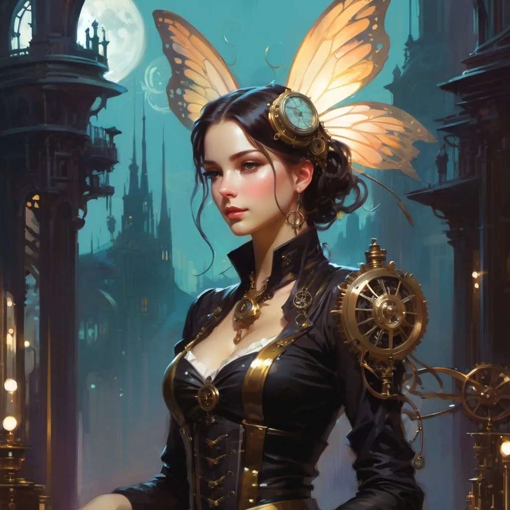 Prompt:  steampunk fairy in a fantasy world, grunge, atey ghailan, Art by Jock,  pino daeni , art by lois van baarle and loish and ross tran , Charles Vess, Chiho Aoshima , Kay Nielsen, dark ambient, chiaroscuro, Simon Bisley, and H.R. Giger. insist artstation, art by stanley artgerm, painting by daniel f gerhartz,  art by Andrew Atroshenko,