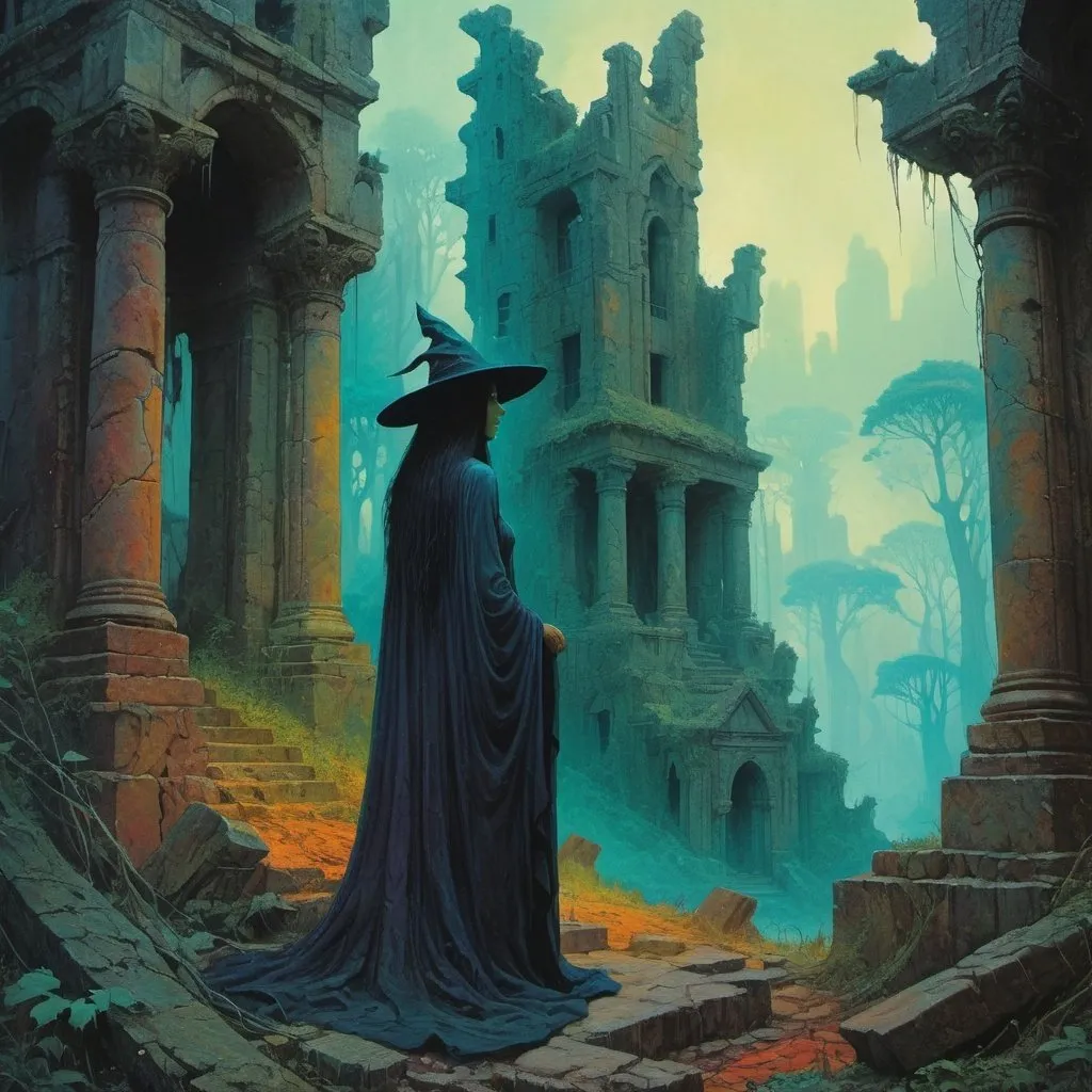 Prompt: close up of witch among palatial ruins of a forest, dreamy, dark fantasy, animated style, mysterious, masterpiece painting, jewel colors, detailed, Beksinski