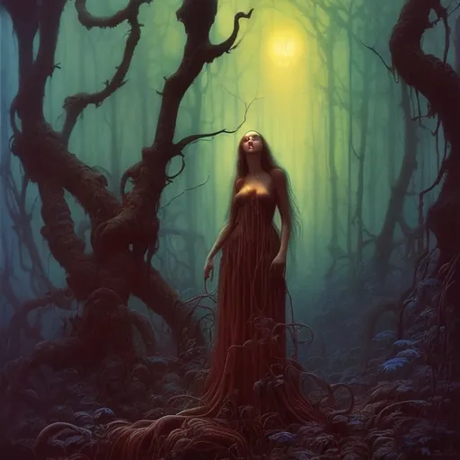 Prompt: woman in the forest, high quality, in the style Michael Whelan, Beksinski, highres, fantasy, ethereal lighting, enchanting atmosphere, dreamlike, surreal, whimsical, mystical setting, fairytale, vibrant colors, soft moonlight, illustration