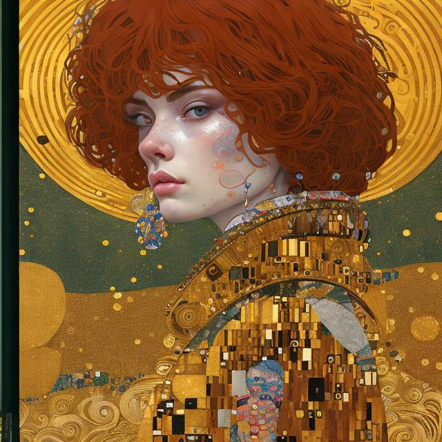 Prompt: auburn haired woman with thick eyebrows with a sharp sword, in space, cartoon style of gustav klimt, by martine johanna and simon stalenhag and chie yoshii and casey weldon and wlop : : ornate, dynamic, particulate, rich colors, intricate, elegant, highly detailed, harper's bazaar art, fashion magazine, smooth, sharp focus, 8 k, octane render